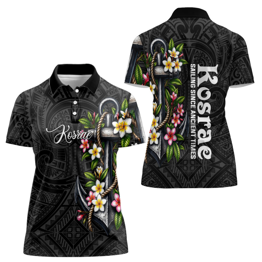 Kosrae Nautical Heritage Women Polo Shirt Polynesian Tribal Anchor With Plumeria Tropical Art