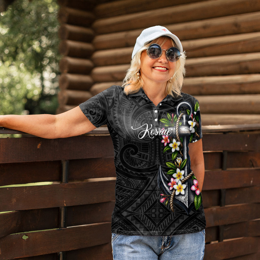 Kosrae Nautical Heritage Women Polo Shirt Polynesian Tribal Anchor With Plumeria Tropical Art
