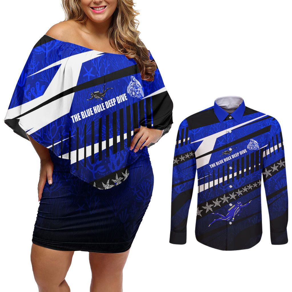 Kosrae Deep Sea Scuba Diving Couples Matching Off Shoulder Short Dress and Long Sleeve Button Shirt Blue Hole Beneath The Surface Coral Reef Graphic Art TS04 Blue Black - Polynesian Pride