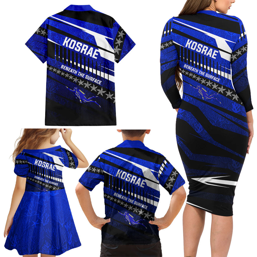 Kosrae Deep Sea Scuba Diving Family Matching Long Sleeve Bodycon Dress and Hawaiian Shirt Blue Hole Beneath The Surface Coral Reef Graphic Art