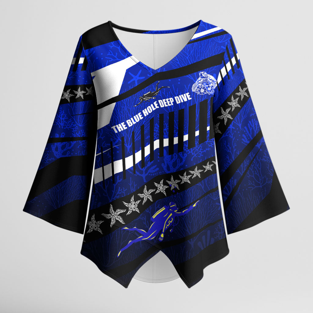 Kosrae Deep Sea Scuba Diving Kimono Sleeve Blouse Blue Hole Beneath The Surface Coral Reef Graphic Art