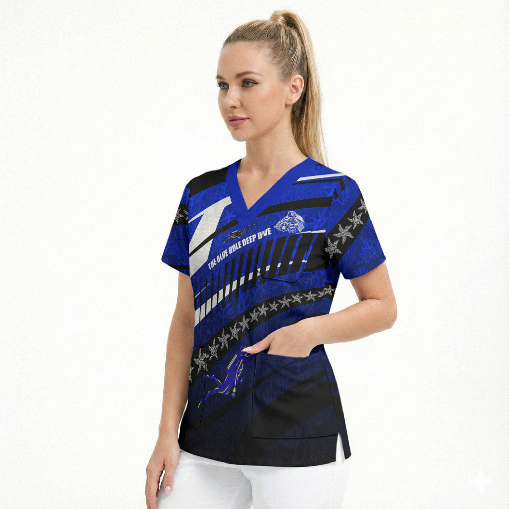 Kosrae Deep Sea Scuba Diving Scrub Top Blue Hole Beneath The Surface Coral Reef Graphic Art