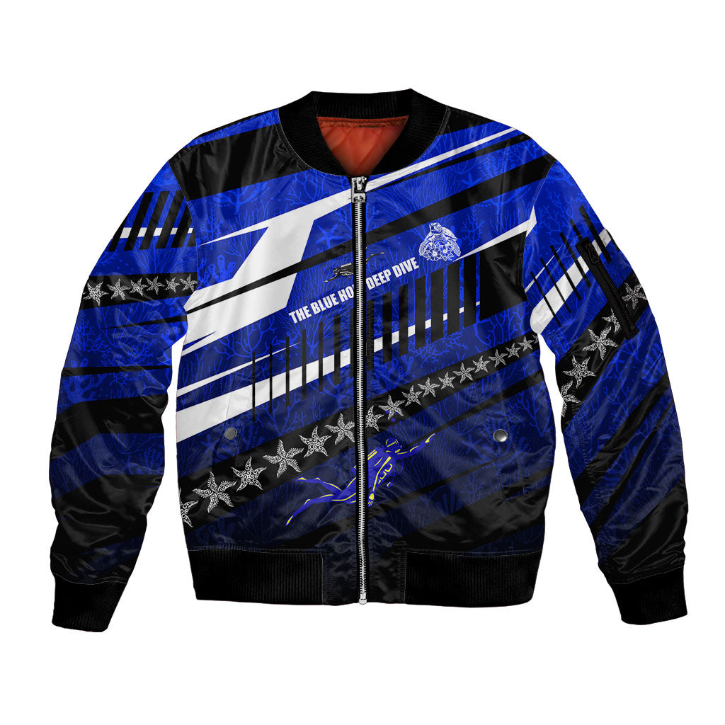 Kosrae Deep Sea Scuba Diving Sleeve Zip Bomber Jacket Blue Hole Beneath The Surface Coral Reef Graphic Art