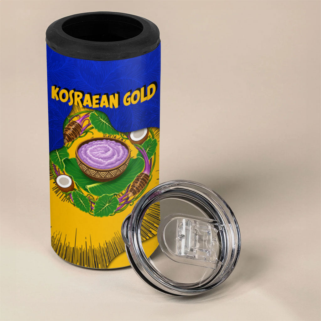 Kosrae Fafa Culinary Heritage 4 in 1 Can Cooler Tumbler Kosraean Gold Taro Tradition Illustration With Coconut Leaves