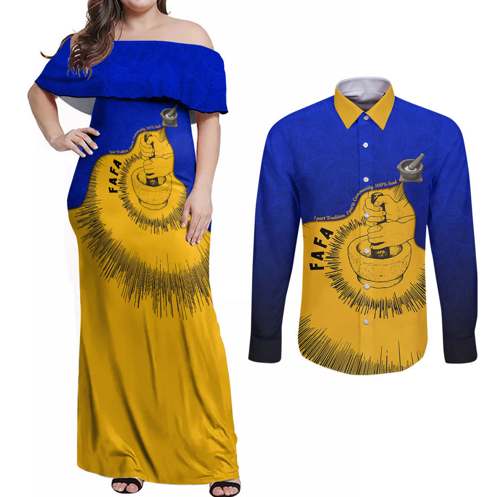 Kosrae Fafa Culinary Heritage Couples Matching Off Shoulder Maxi Dress and Long Sleeve Button Shirt Kosraean Gold Taro Tradition Illustration With Coconut Leaves TS04 Blue Yellow - Polynesian Pride