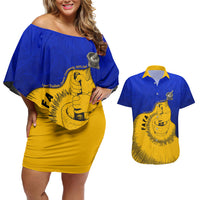 Kosrae Fafa Culinary Heritage Couples Matching Off Shoulder Short Dress and Hawaiian Shirt Kosraean Gold Taro Tradition Illustration With Coconut Leaves