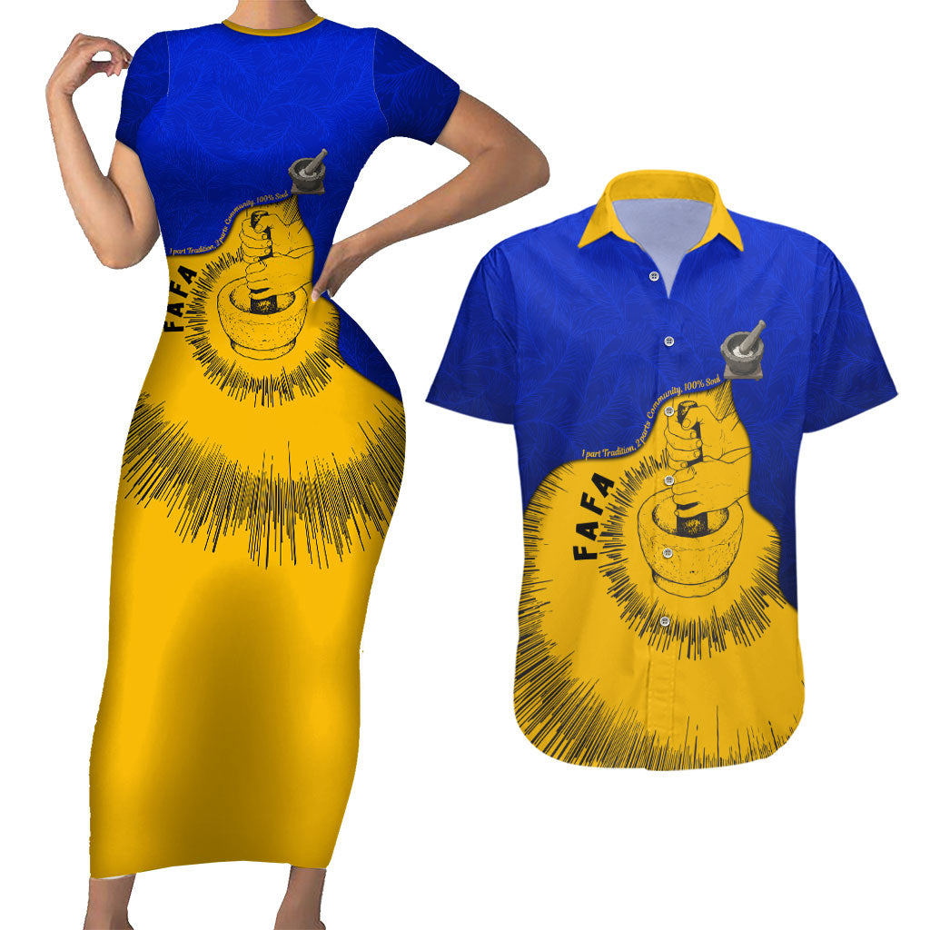 Kosrae Fafa Culinary Heritage Couples Matching Short Sleeve Bodycon Dress and Hawaiian Shirt Kosraean Gold Taro Tradition Illustration With Coconut Leaves