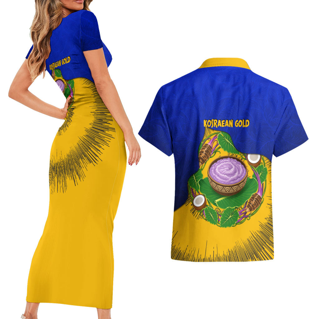 Kosrae Fafa Culinary Heritage Couples Matching Short Sleeve Bodycon Dress and Hawaiian Shirt Kosraean Gold Taro Tradition Illustration With Coconut Leaves