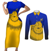 Kosrae Fafa Culinary Heritage Couples Matching Short Sleeve Bodycon Dress and Long Sleeve Button Shirt Kosraean Gold Taro Tradition Illustration With Coconut Leaves