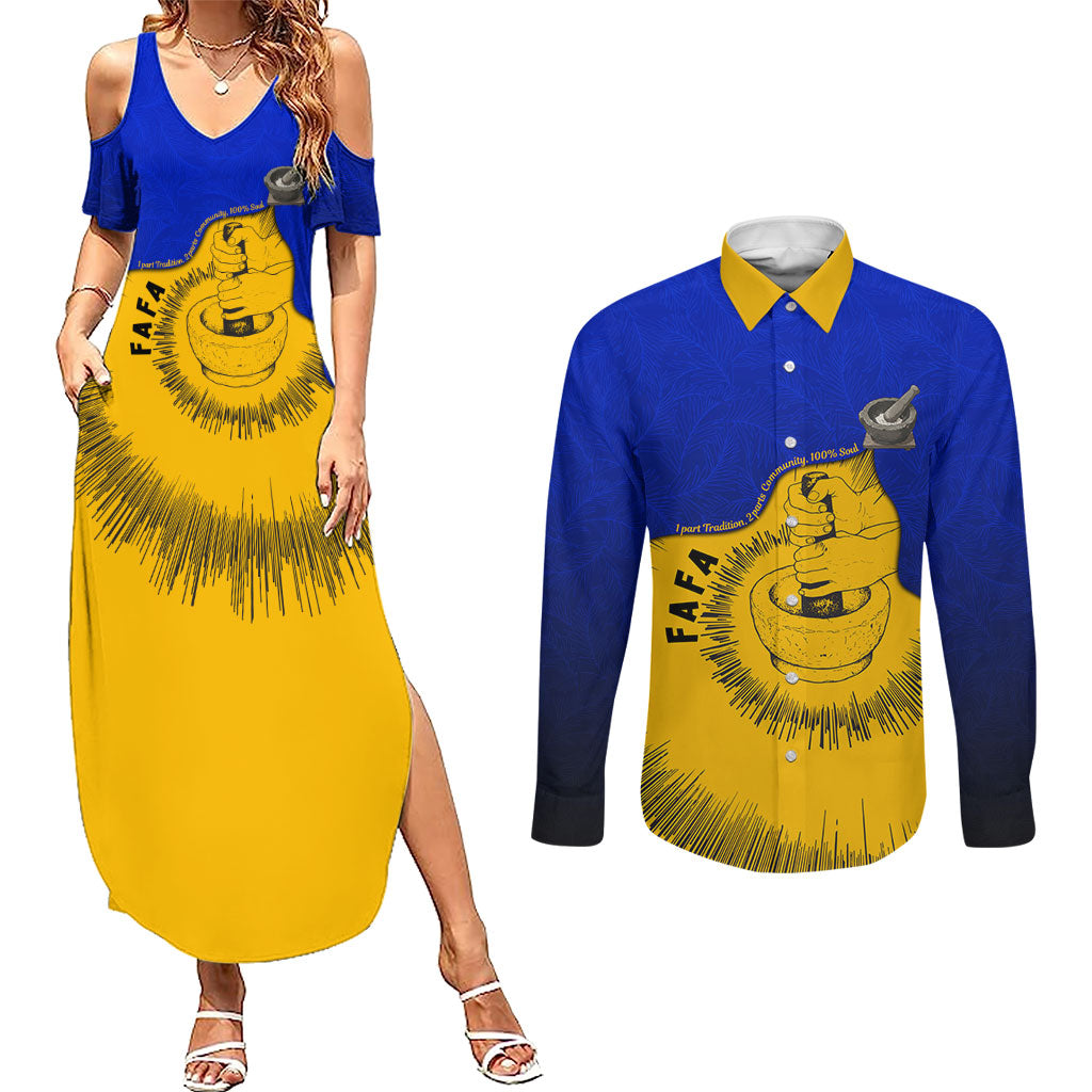 Kosrae Fafa Culinary Heritage Couples Matching Summer Maxi Dress and Long Sleeve Button Shirt Kosraean Gold Taro Tradition Illustration With Coconut Leaves TS04 Blue Yellow - Polynesian Pride