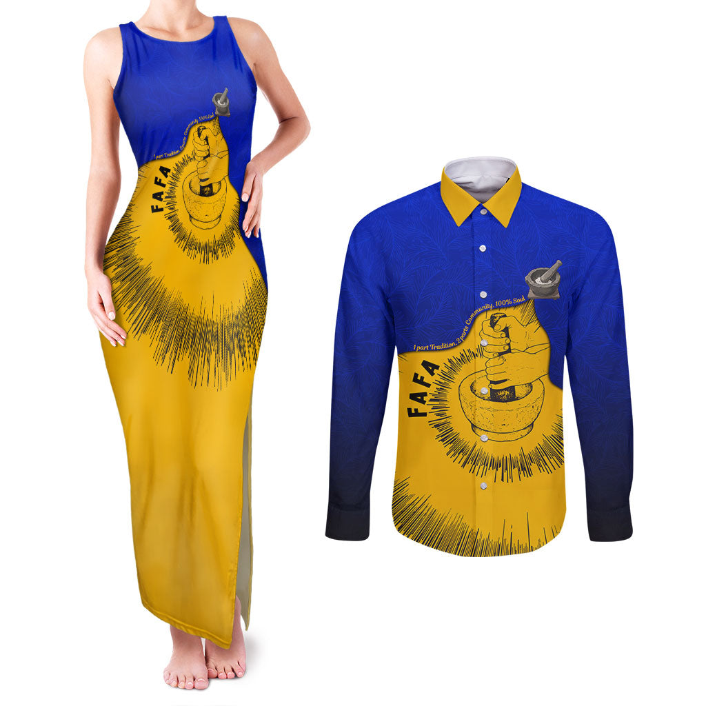 Kosrae Fafa Culinary Heritage Couples Matching Tank Maxi Dress and Long Sleeve Button Shirt Kosraean Gold Taro Tradition Illustration With Coconut Leaves TS04 Blue Yellow - Polynesian Pride