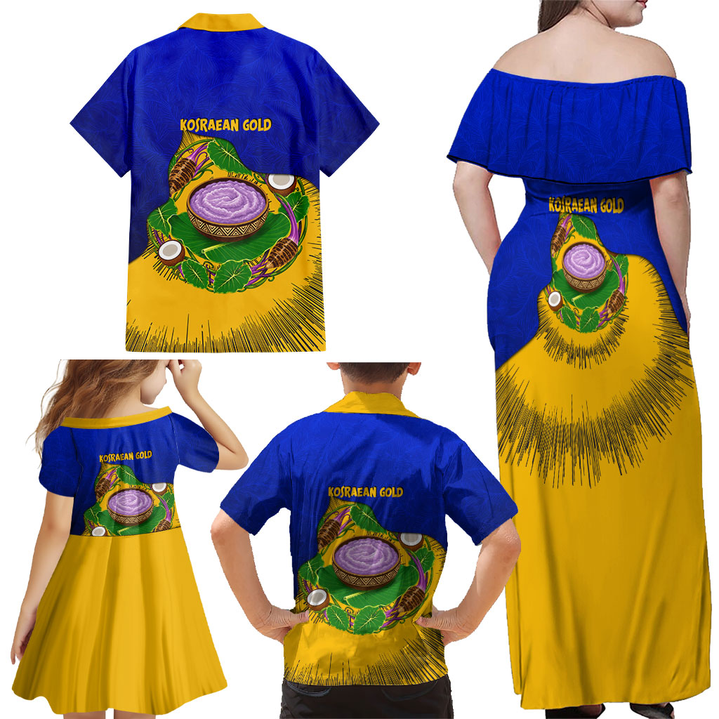 Kosrae Fafa Culinary Heritage Family Matching Off Shoulder Maxi Dress and Hawaiian Shirt Kosraean Gold Taro Tradition Illustration With Coconut Leaves