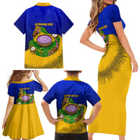 Kosrae Fafa Culinary Heritage Family Matching Short Sleeve Bodycon Dress and Hawaiian Shirt Kosraean Gold Taro Tradition Illustration With Coconut Leaves