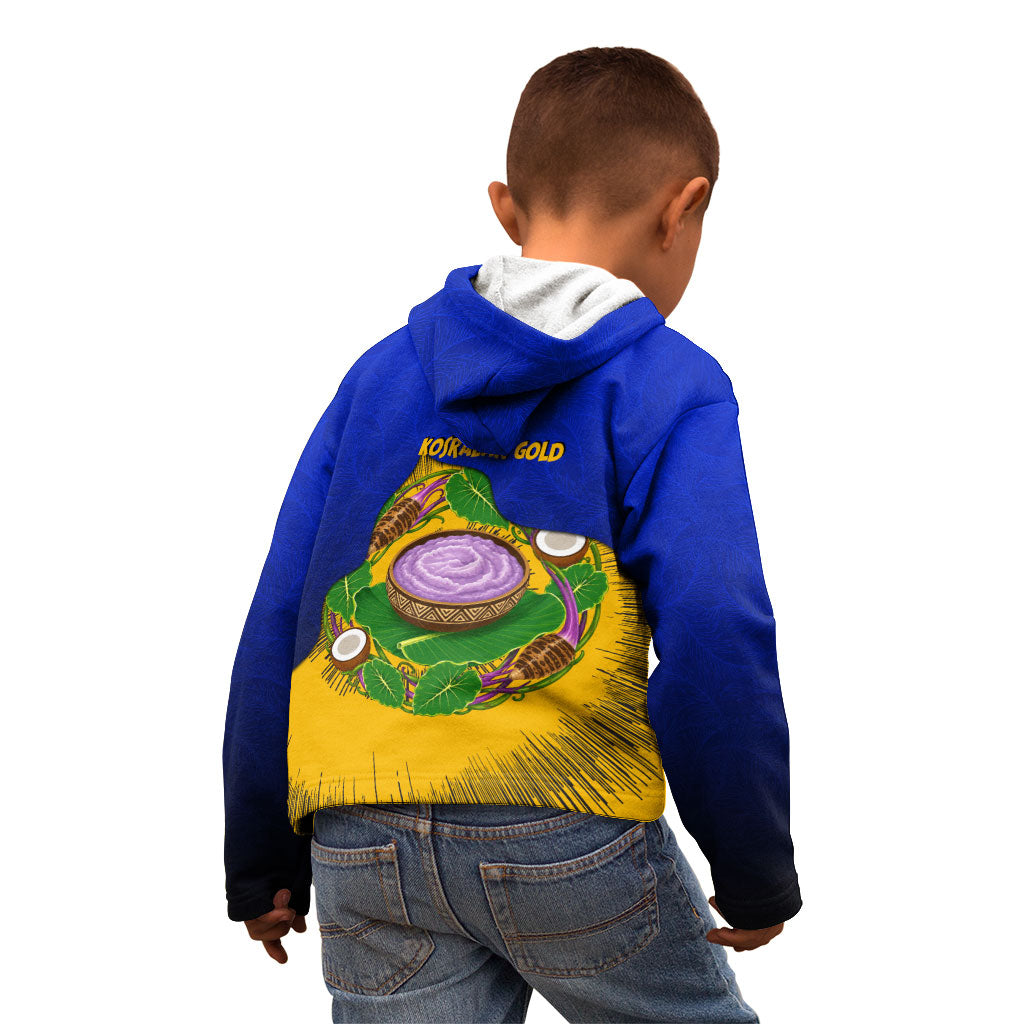 Kosrae Fafa Culinary Heritage Kid Hoodie Kosraean Gold Taro Tradition Illustration With Coconut Leaves