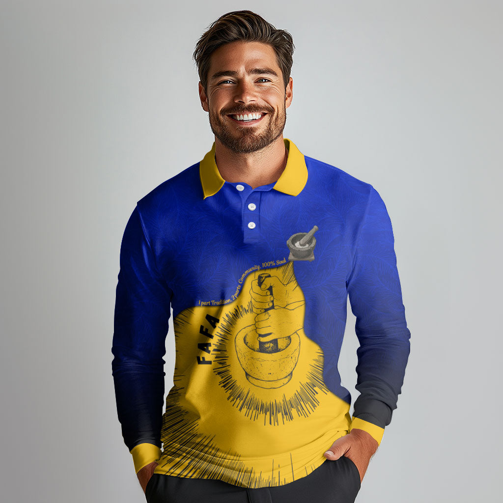 Kosrae Fafa Culinary Heritage Long Sleeve Polo Shirt Kosraean Gold Taro Tradition Illustration With Coconut Leaves