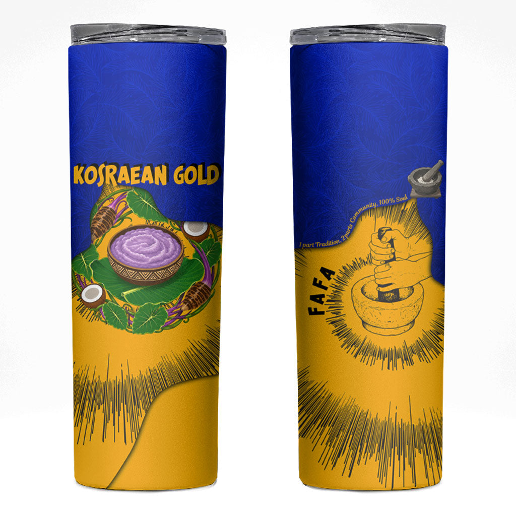 Kosrae Fafa Culinary Heritage Skinny Tumbler Kosraean Gold Taro Tradition Illustration With Coconut Leaves TS04 Blue Yellow - Polynesian Pride