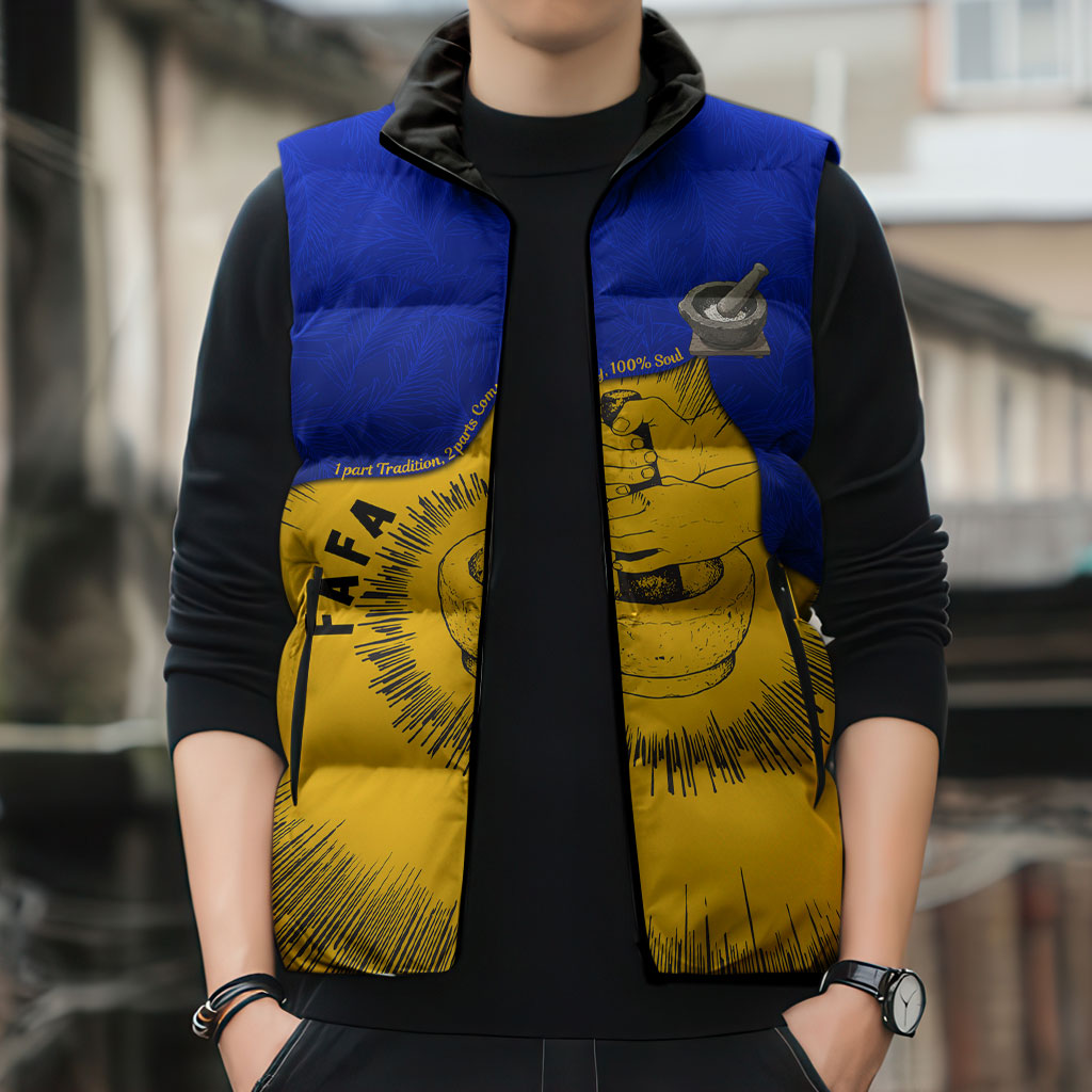 Kosrae Fafa Culinary Heritage Sleeveless Puffer Jacket Kosraean Gold Taro Tradition Illustration With Coconut Leaves