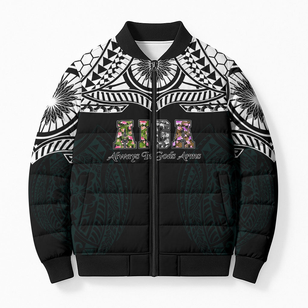 AIGA Always In Gods Arms Samoa Bomber Puffer Jacket Polynesian Tribal Tattoo Art Family Heritage Faith
