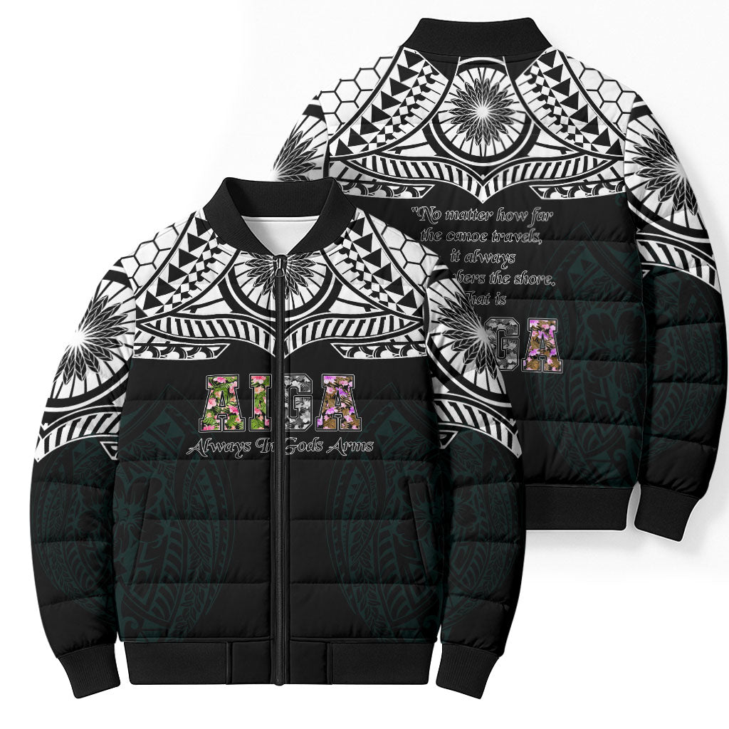 AIGA Always In Gods Arms Samoa Bomber Puffer Jacket Polynesian Tribal Tattoo Art Family Heritage Faith