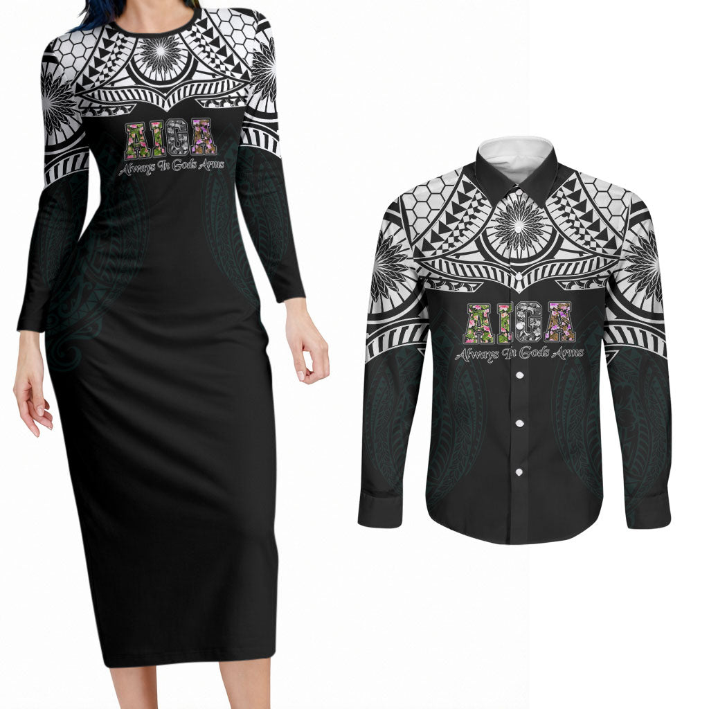 AIGA Always In Gods Arms Samoa Couples Matching Long Sleeve Bodycon Dress and Long Sleeve Button Shirt Polynesian Tribal Tattoo Art Family Heritage Faith