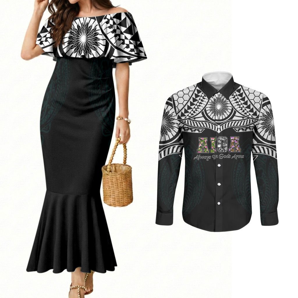 AIGA Always In Gods Arms Samoa Couples Matching Mermaid Dress and Long Sleeve Button Shirt Polynesian Tribal Tattoo Art Family Heritage Faith