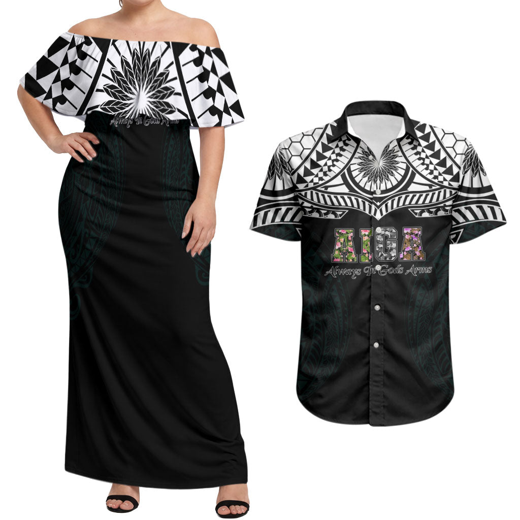 AIGA Always In Gods Arms Samoa Couples Matching Off Shoulder Maxi Dress and Hawaiian Shirt Polynesian Tribal Tattoo Art Family Heritage Faith