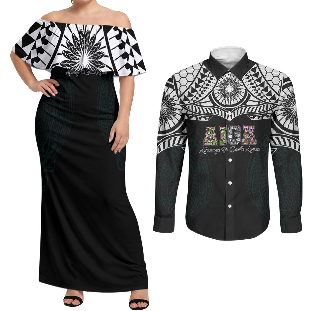 AIGA Always In Gods Arms Samoa Couples Matching Off Shoulder Maxi Dress and Long Sleeve Button Shirt Polynesian Tribal Tattoo Art Family Heritage Faith