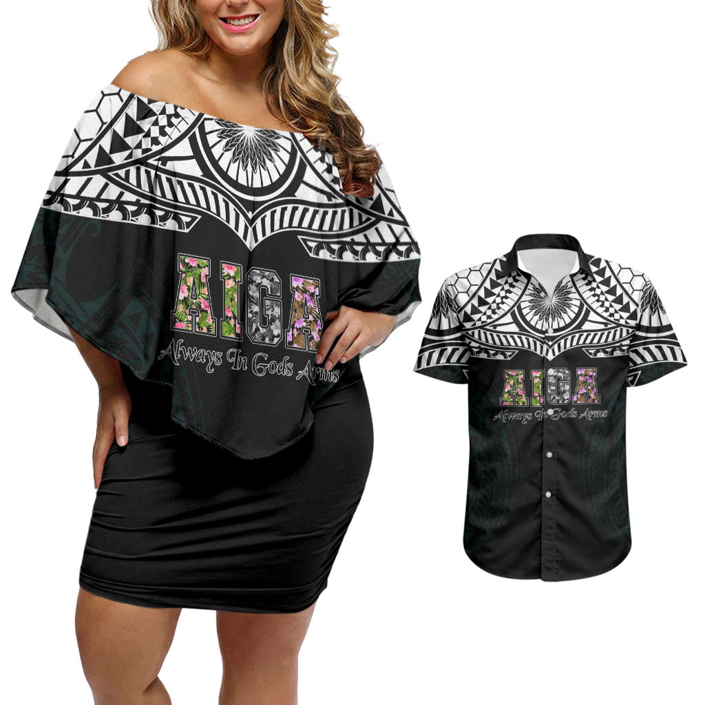 AIGA Always In Gods Arms Samoa Couples Matching Off Shoulder Short Dress and Hawaiian Shirt Polynesian Tribal Tattoo Art Family Heritage Faith TS04 Black White - Polynesian Pride