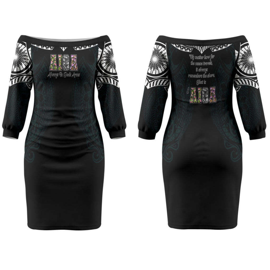 AIGA Always In Gods Arms Samoa Couples Matching Off The Shoulder Long Sleeve Dress and Hawaiian Shirt Polynesian Tribal Tattoo Art Family Heritage Faith