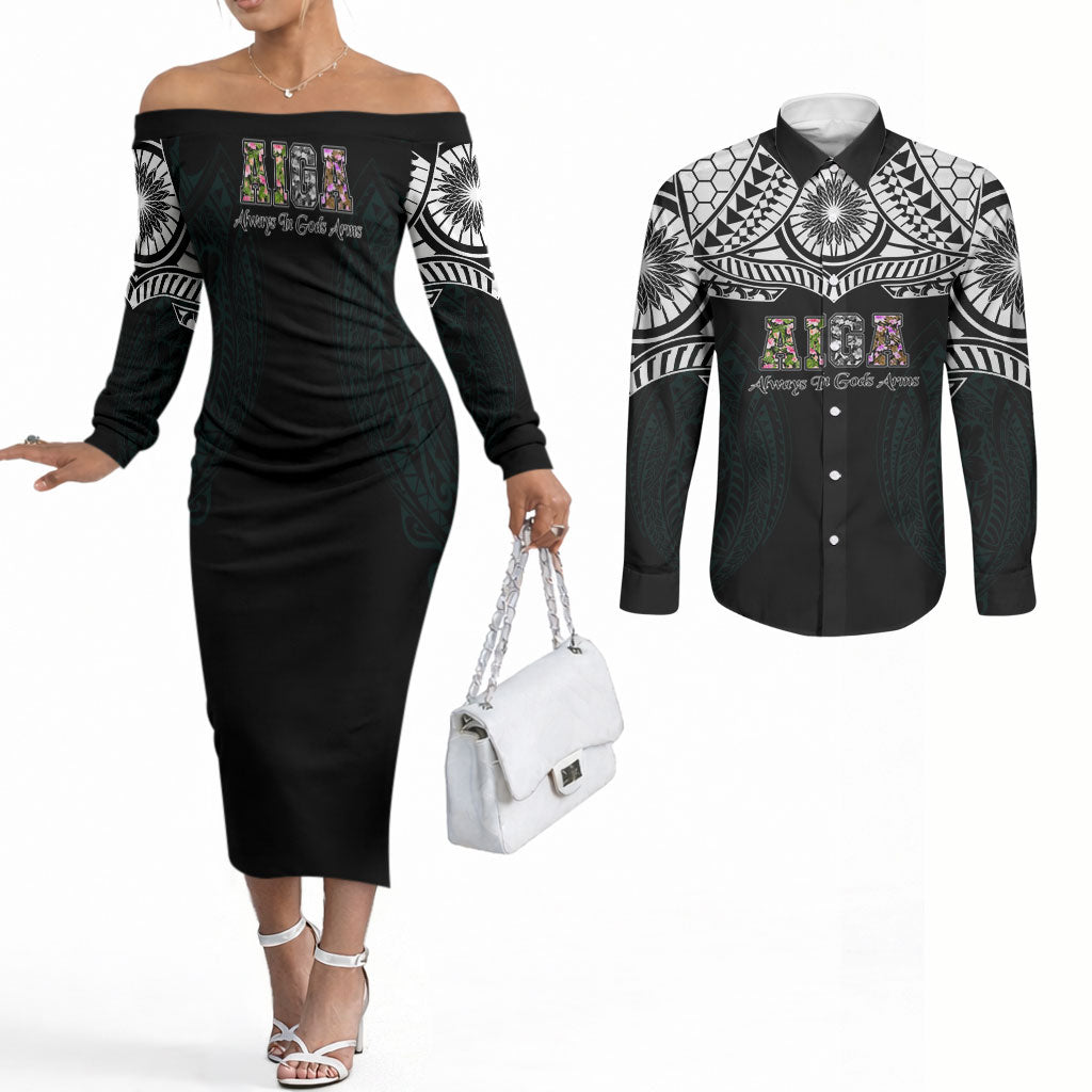 AIGA Always In Gods Arms Samoa Couples Matching Off The Shoulder Long Sleeve Dress and Long Sleeve Button Shirt Polynesian Tribal Tattoo Art Family Heritage Faith