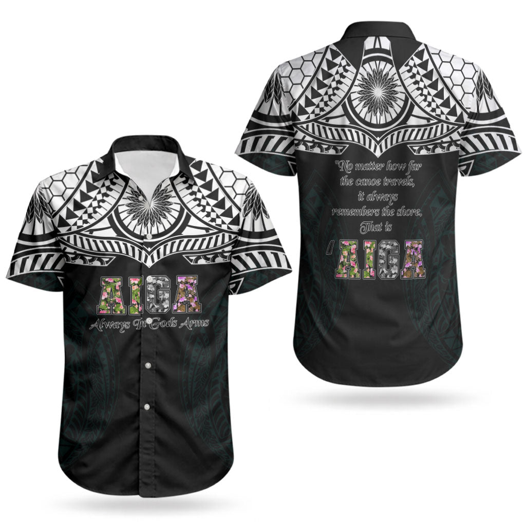 AIGA Always In Gods Arms Samoa Couples Matching Short Sleeve Bodycon Dress and Hawaiian Shirt Polynesian Tribal Tattoo Art Family Heritage Faith