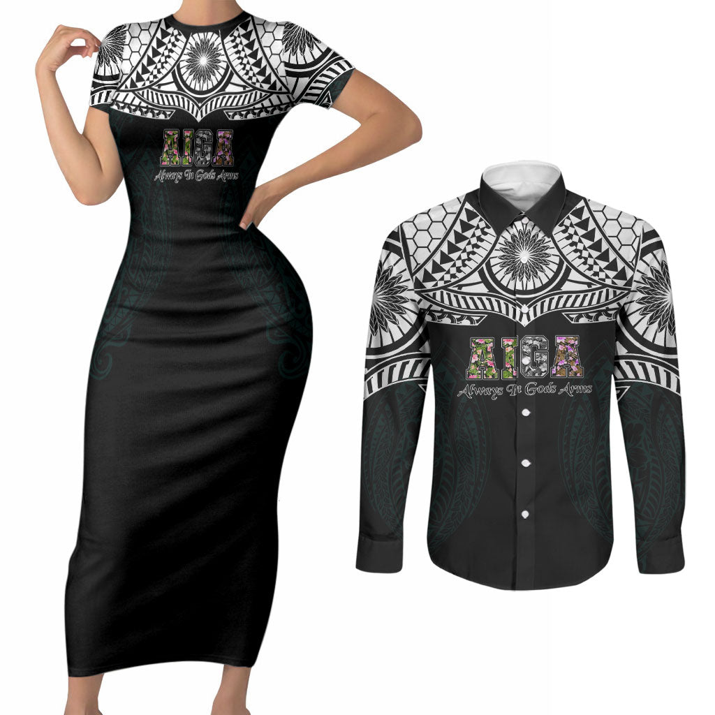 AIGA Always In Gods Arms Samoa Couples Matching Short Sleeve Bodycon Dress and Long Sleeve Button Shirt Polynesian Tribal Tattoo Art Family Heritage Faith