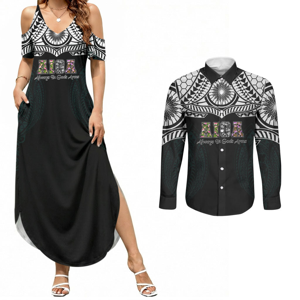 AIGA Always In Gods Arms Samoa Couples Matching Summer Maxi Dress and Long Sleeve Button Shirt Polynesian Tribal Tattoo Art Family Heritage Faith TS04 Black White - Polynesian Pride