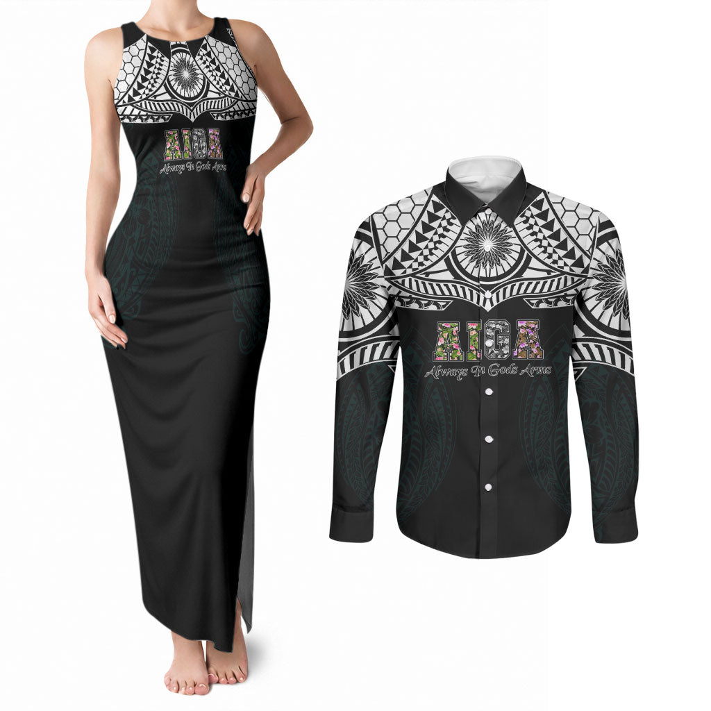 AIGA Always In Gods Arms Samoa Couples Matching Tank Maxi Dress and Long Sleeve Button Shirt Polynesian Tribal Tattoo Art Family Heritage Faith