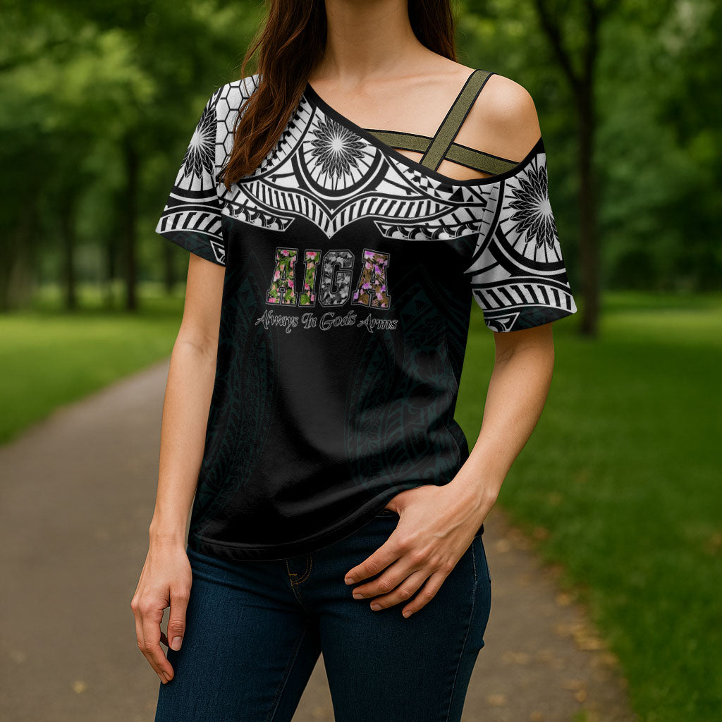 AIGA Always In Gods Arms Samoa Cross Shoulder Shirt Polynesian Tribal Tattoo Art Family Heritage Faith