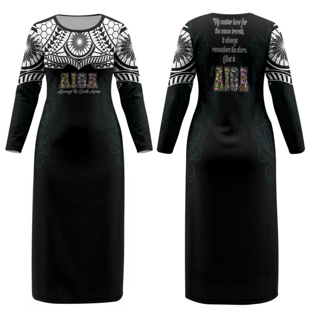 AIGA Always In Gods Arms Samoa Family Matching Long Sleeve Bodycon Dress and Hawaiian Shirt Polynesian Tribal Tattoo Art Family Heritage Faith
