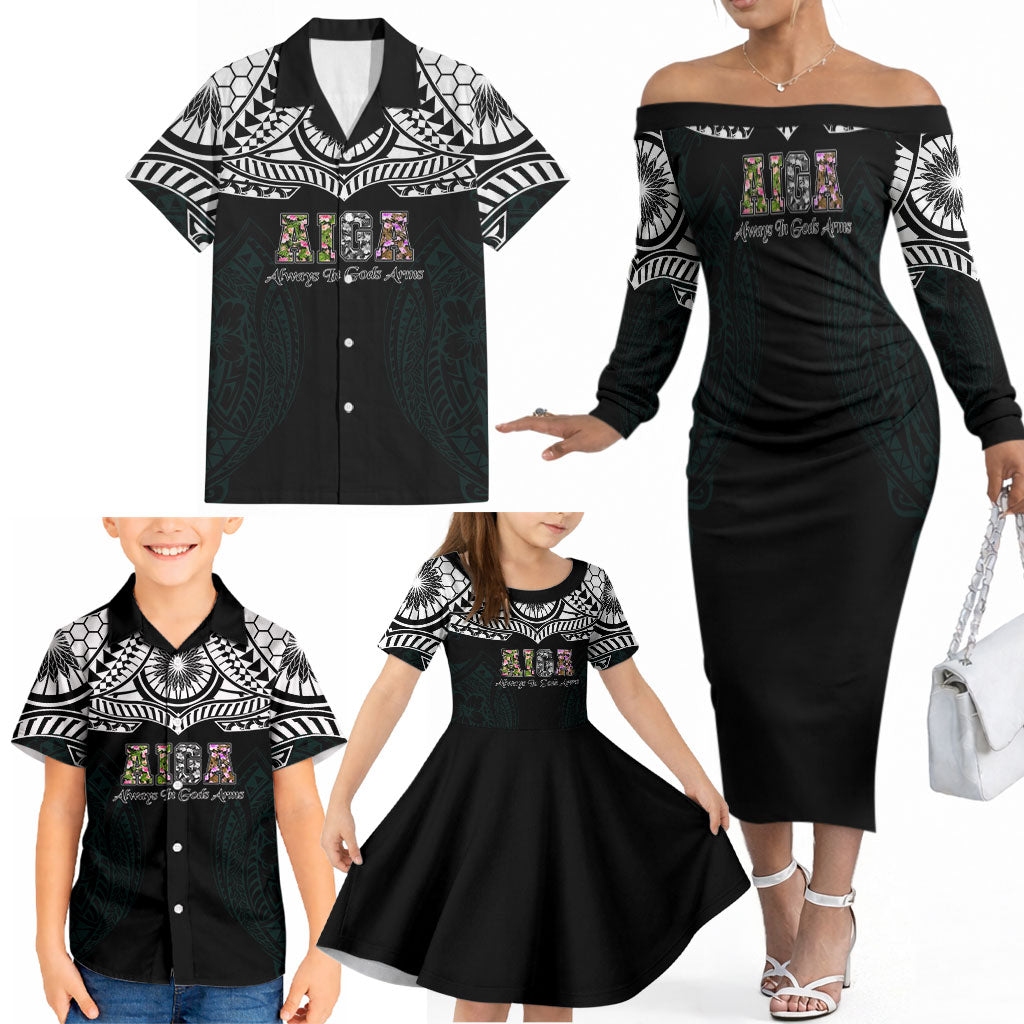 AIGA Always In Gods Arms Samoa Family Matching Off The Shoulder Long Sleeve Dress and Hawaiian Shirt Polynesian Tribal Tattoo Art Family Heritage Faith