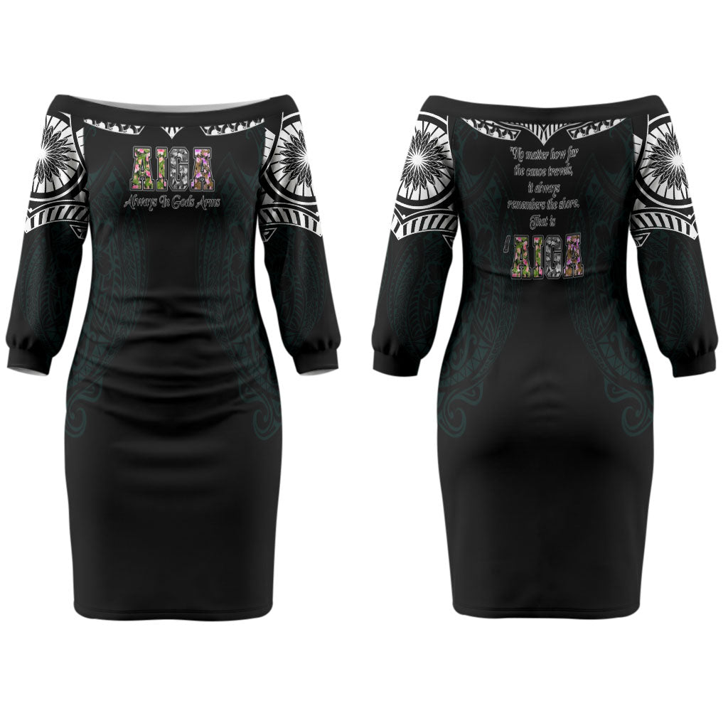 AIGA Always In Gods Arms Samoa Family Matching Off The Shoulder Long Sleeve Dress and Hawaiian Shirt Polynesian Tribal Tattoo Art Family Heritage Faith