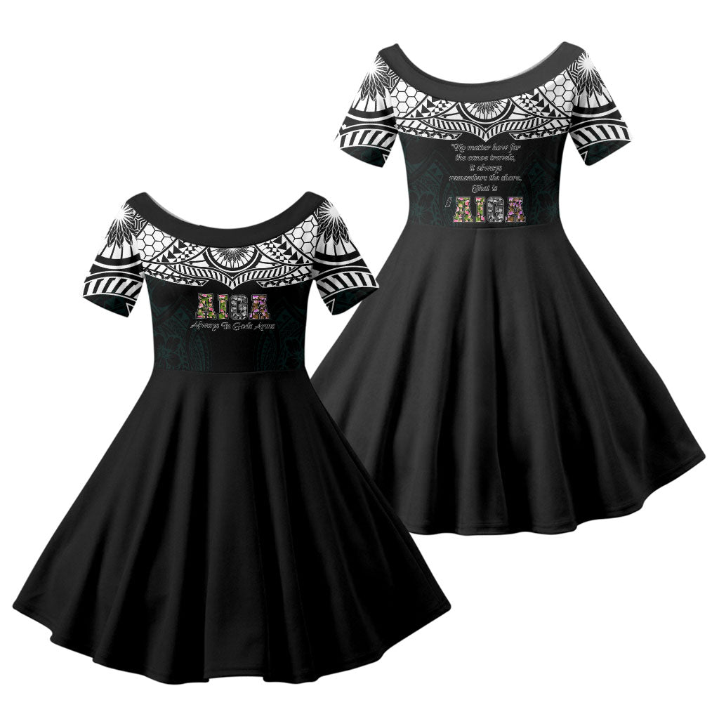 AIGA Always In Gods Arms Samoa Family Matching Off The Shoulder Long Sleeve Dress and Hawaiian Shirt Polynesian Tribal Tattoo Art Family Heritage Faith