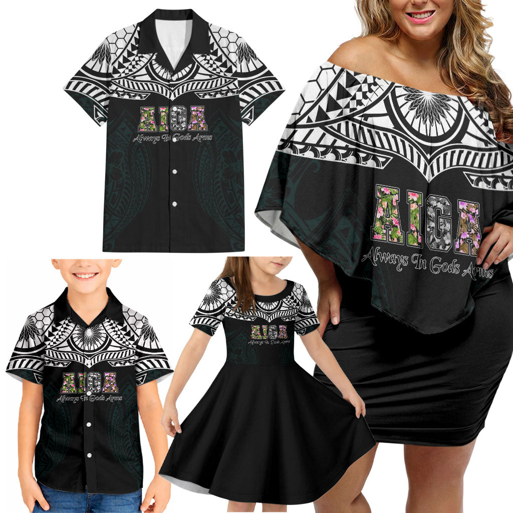 AIGA Always In Gods Arms Samoa Family Matching Off Shoulder Short Dress and Hawaiian Shirt Polynesian Tribal Tattoo Art Family Heritage Faith