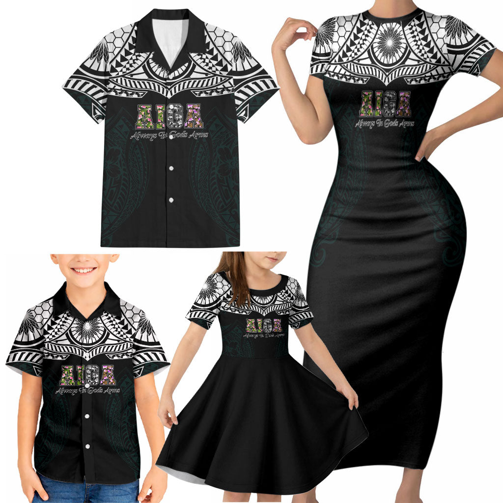 AIGA Always In Gods Arms Samoa Family Matching Short Sleeve Bodycon Dress and Hawaiian Shirt Polynesian Tribal Tattoo Art Family Heritage Faith