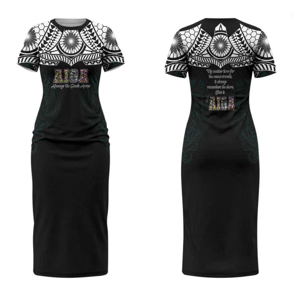 AIGA Always In Gods Arms Samoa Family Matching Short Sleeve Bodycon Dress and Hawaiian Shirt Polynesian Tribal Tattoo Art Family Heritage Faith