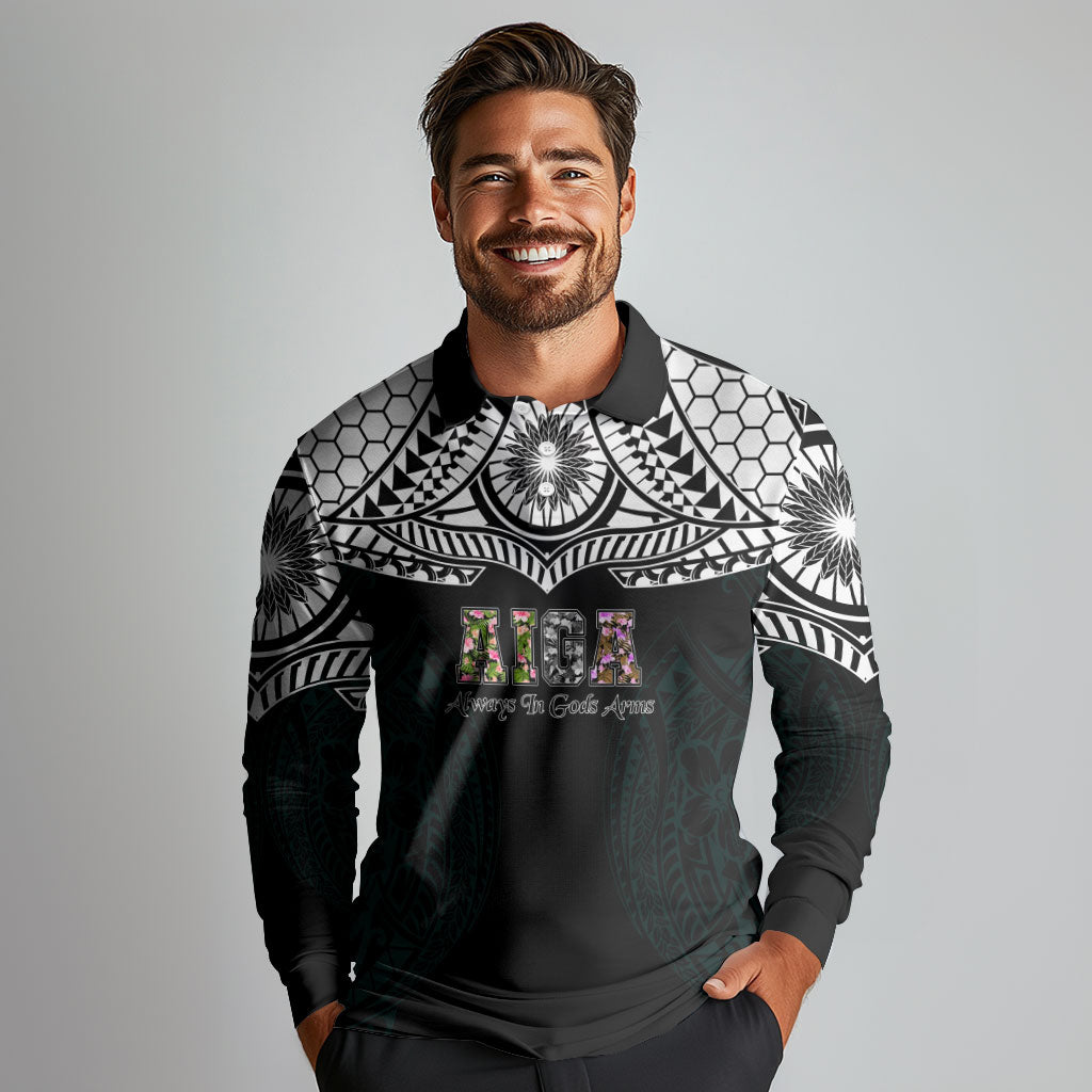 AIGA Always In Gods Arms Samoa Long Sleeve Polo Shirt Polynesian Tribal Tattoo Art Family Heritage Faith