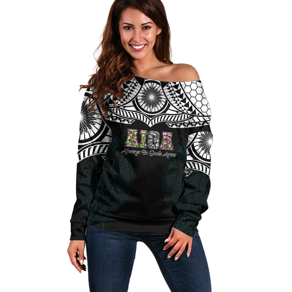 AIGA Always In Gods Arms Samoa Off Shoulder Sweater Polynesian Tribal Tattoo Art Family Heritage Faith TS04 Women Black White - Polynesian Pride