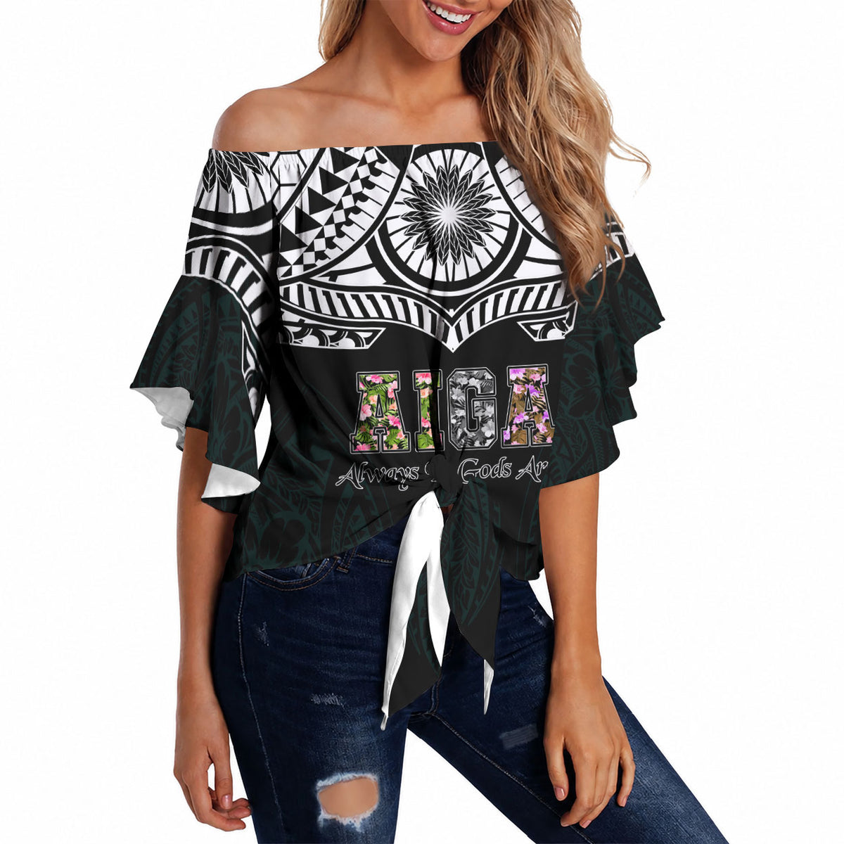 AIGA Always In Gods Arms Samoa Off Shoulder Wrap Waist Top Polynesian Tribal Tattoo Art Family Heritage Faith