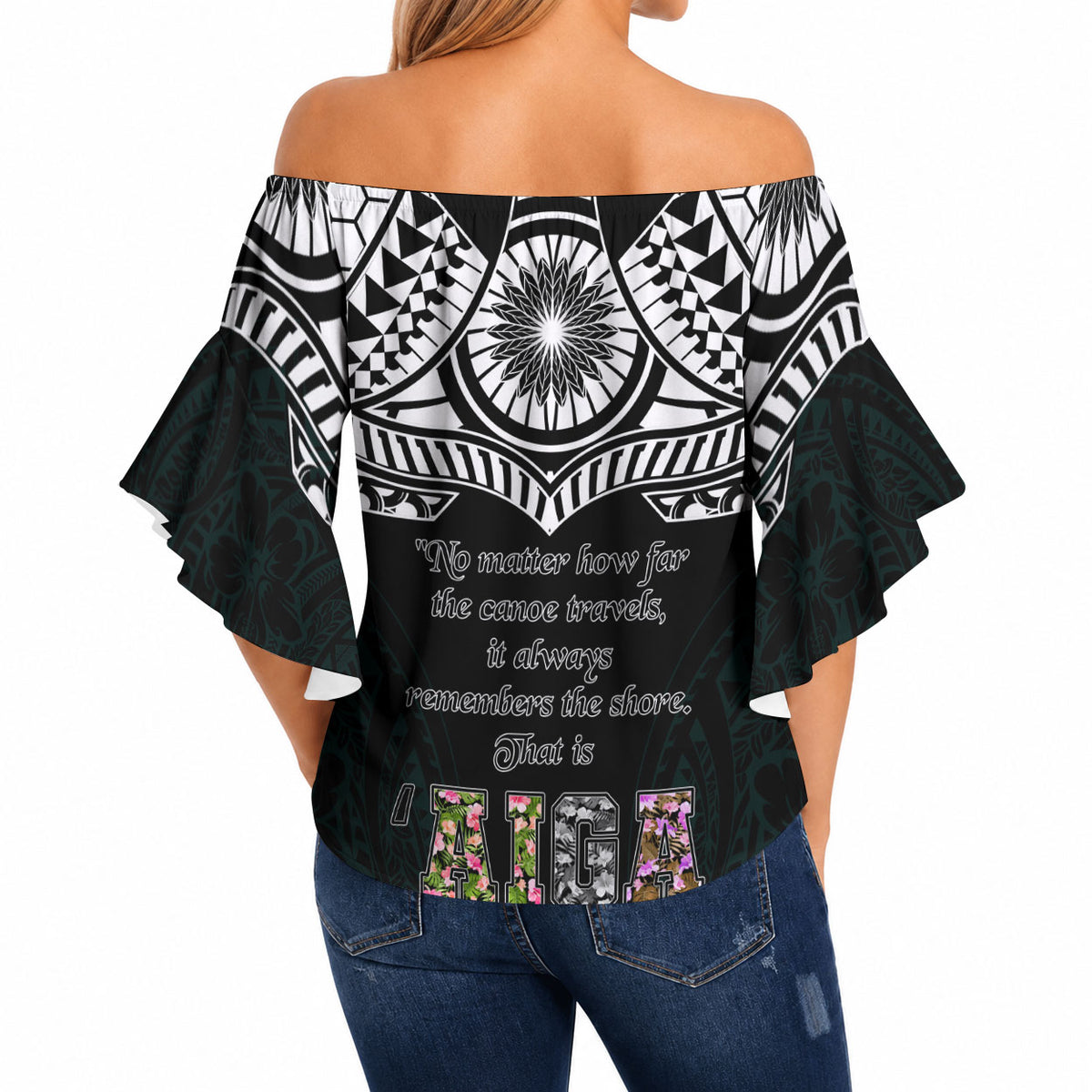 AIGA Always In Gods Arms Samoa Off Shoulder Wrap Waist Top Polynesian Tribal Tattoo Art Family Heritage Faith