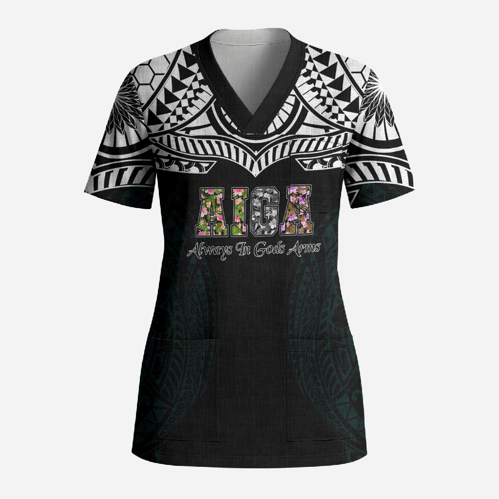 AIGA Always In Gods Arms Samoa Scrub Top Polynesian Tribal Tattoo Art Family Heritage Faith TS04 Adult Black White - Polynesian Pride