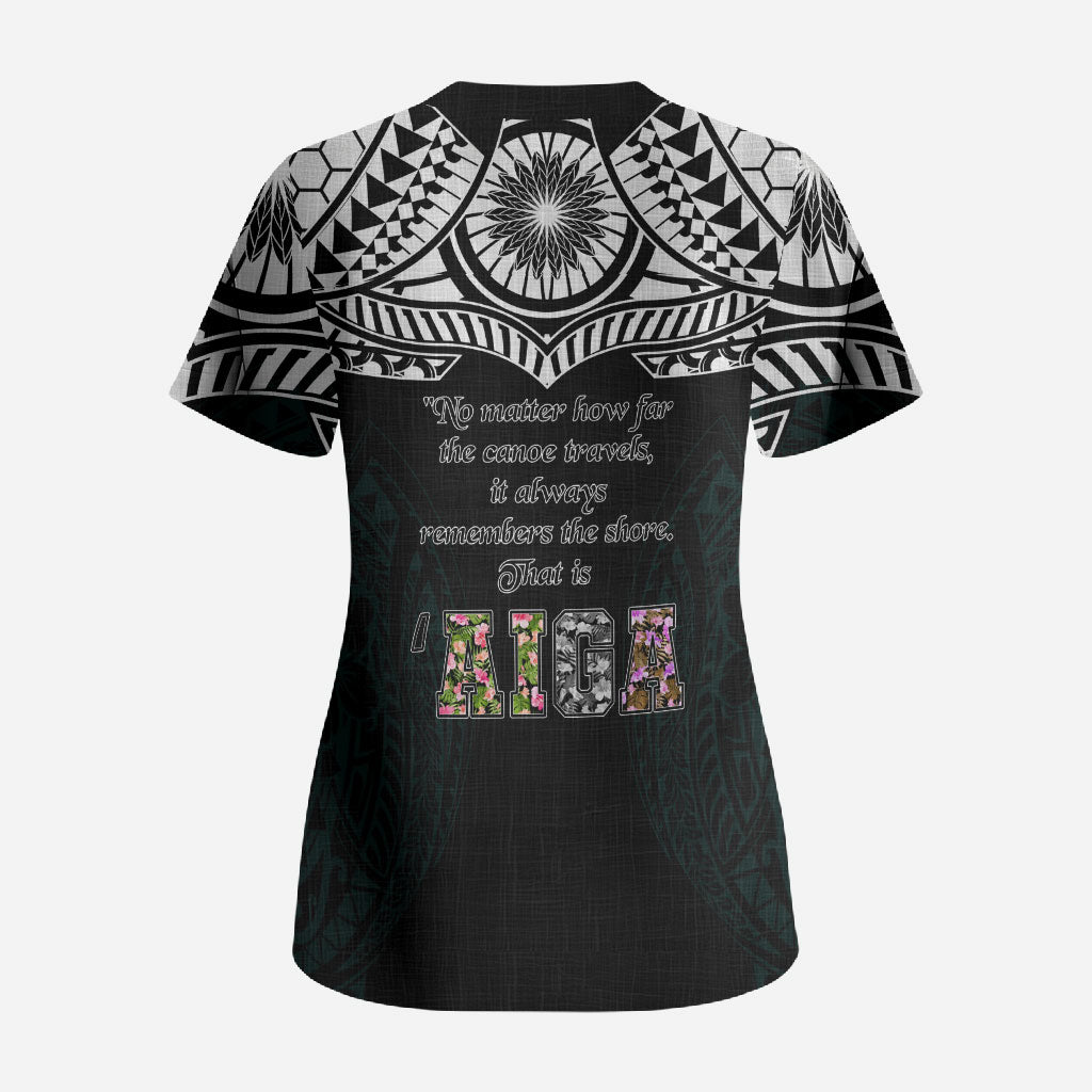 AIGA Always In Gods Arms Samoa Scrub Top Polynesian Tribal Tattoo Art Family Heritage Faith