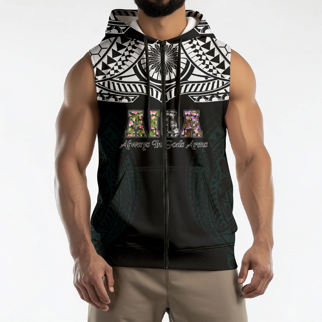 AIGA Always In Gods Arms Samoa Sleeveless Zip Hoodie Polynesian Tribal Tattoo Art Family Heritage Faith
