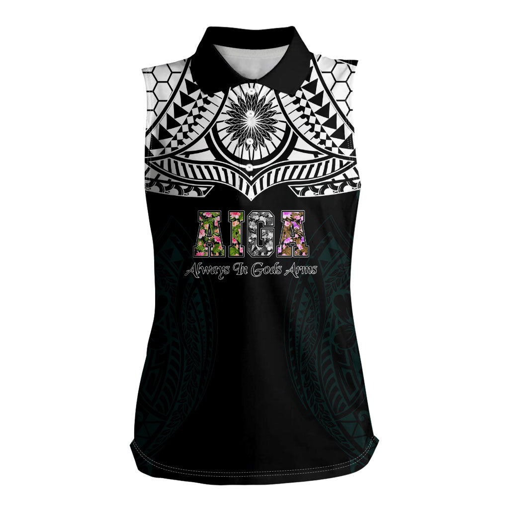 AIGA Always In Gods Arms Samoa Women Sleeveless Polo Shirt Polynesian Tribal Tattoo Art Family Heritage Faith